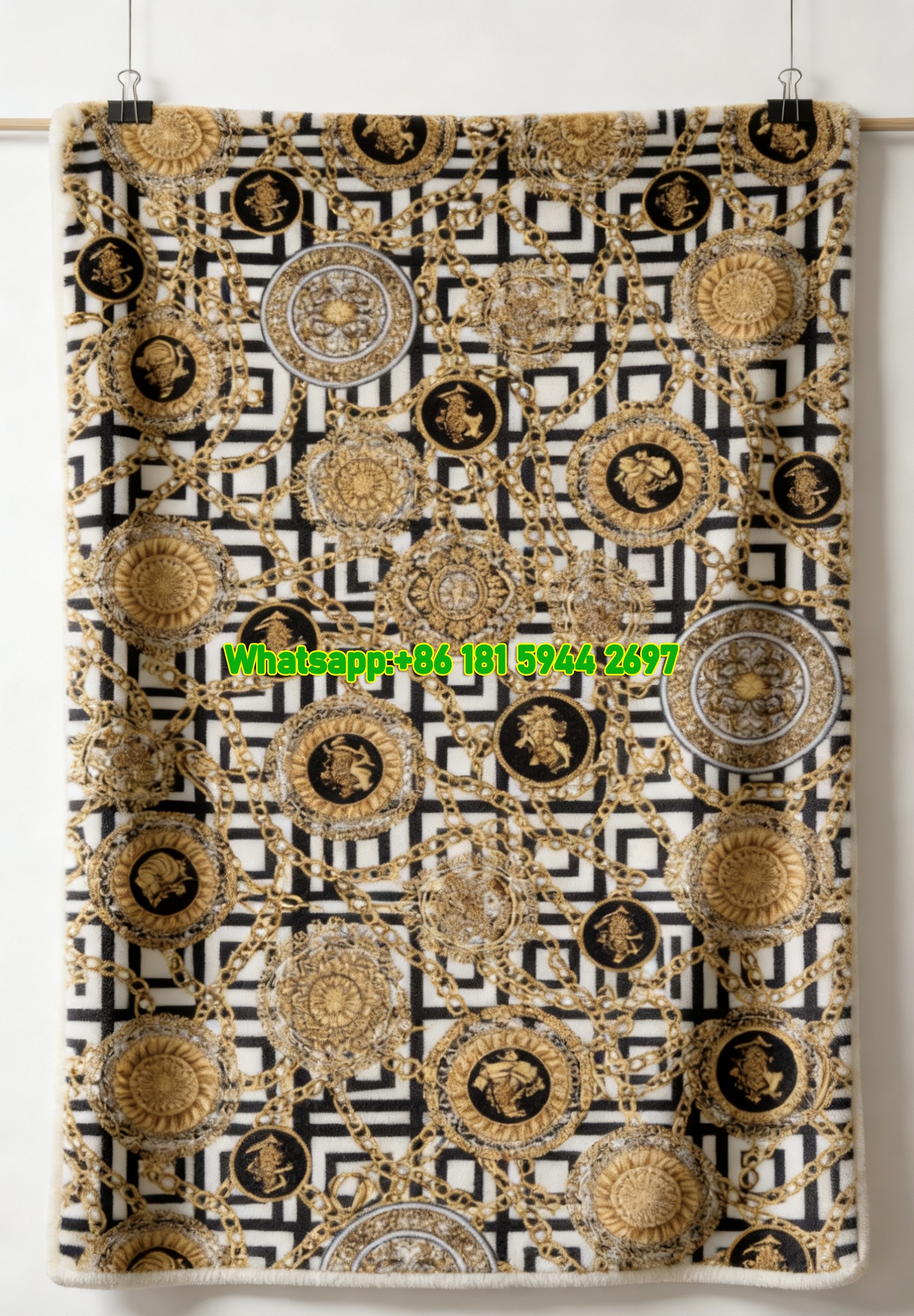 Versace Black White and Gold Chain Medallion Print Flannel Throw Blanket IMG_1500